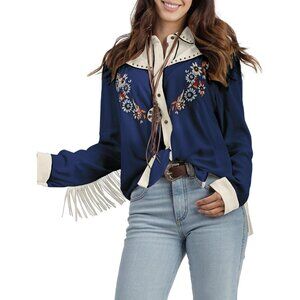 Women's Blue Embroidered Western Long Sleeve Button Down Collared Retro Shirts